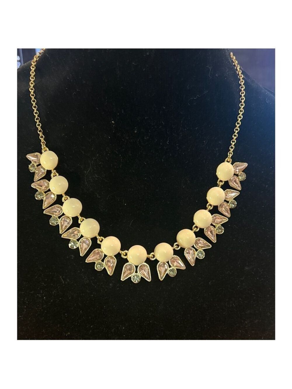 J. Crew Cream Peach & Grey Rhinestone Crystal Gold Tone Necklace 17”-19”